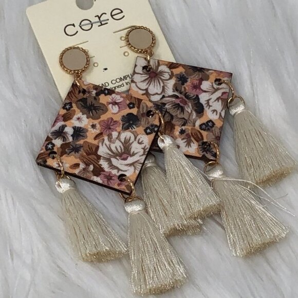 Floral Square Wood Triple Tassel Dangle Earrings - Picture 2 of 6